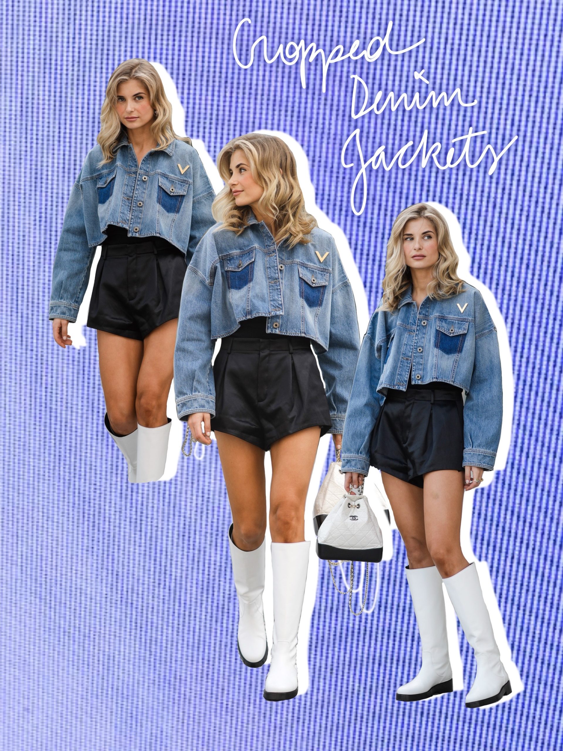 Xenia Adonts wearing black satin shorts, white tall boots, a denim cropped Valentino jacket, and a Chanel black and white backpack