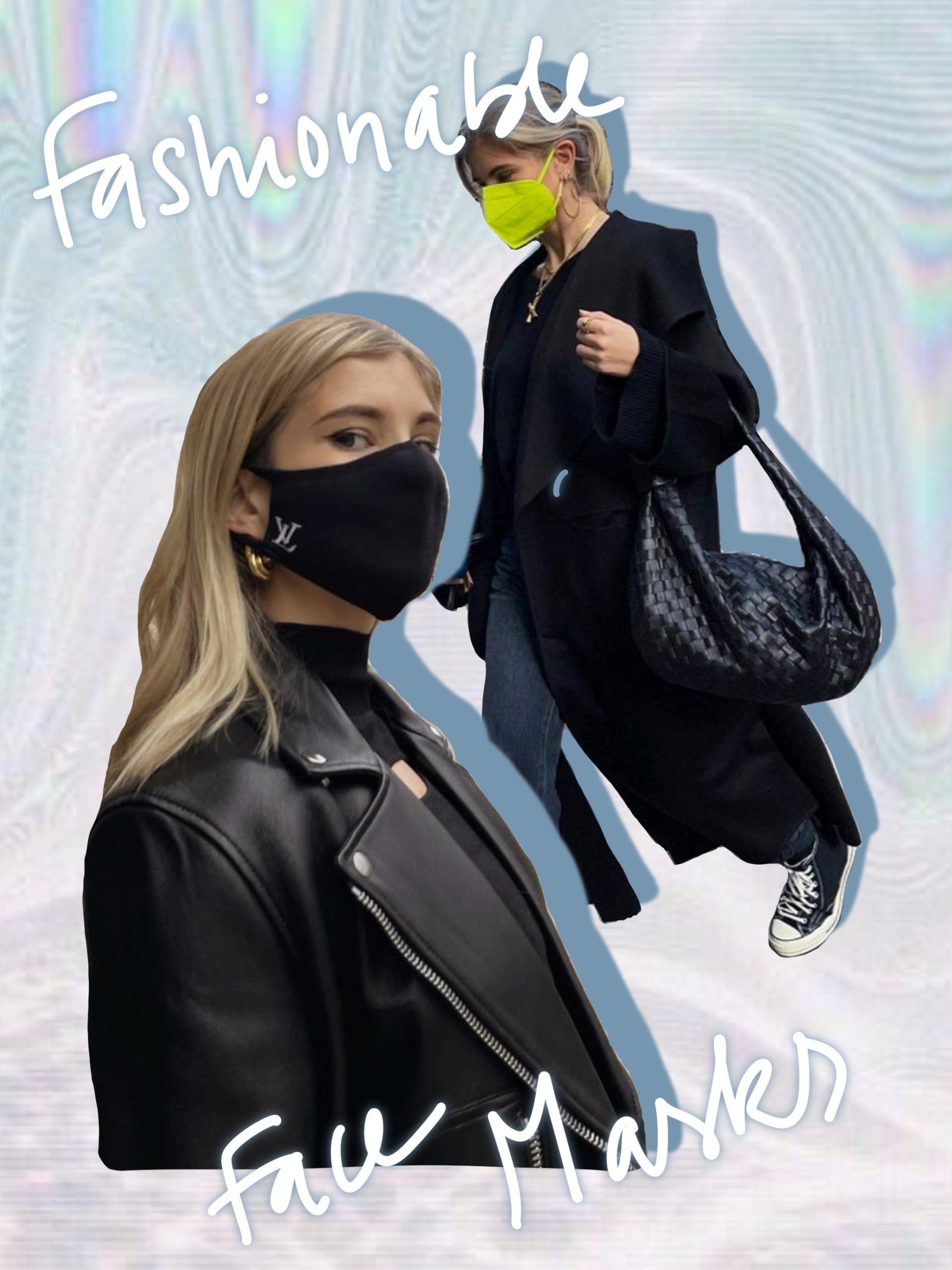 Xenia Adonts wearing a Louis Vuitton face mask and a yellow neon fashionable face mask