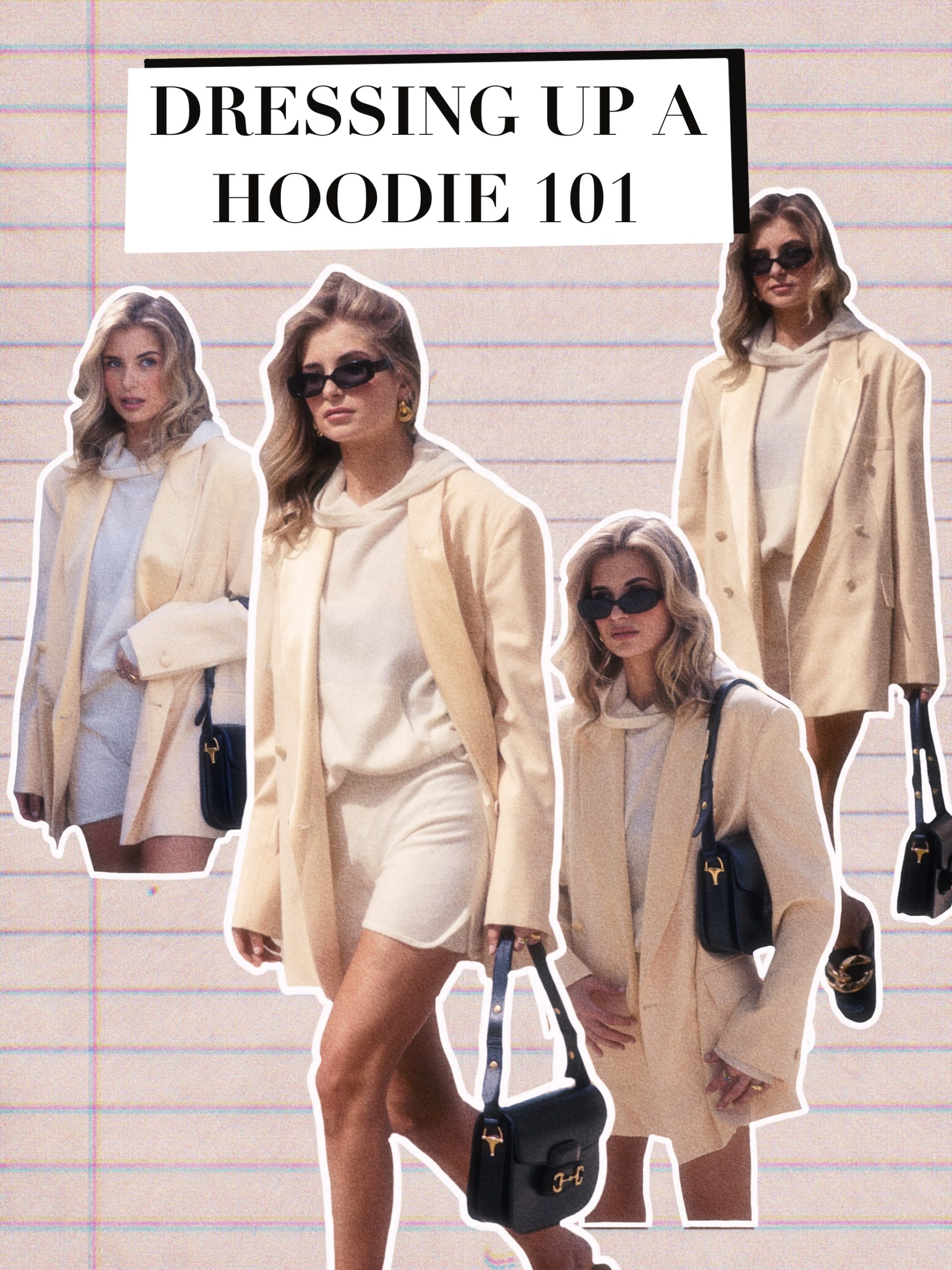Xenia Adonts wearing a cream blazer over a knitted hoodie and shorts cream set, with JW anderson shoes, a gucci 1955 bag, and black sunglasses