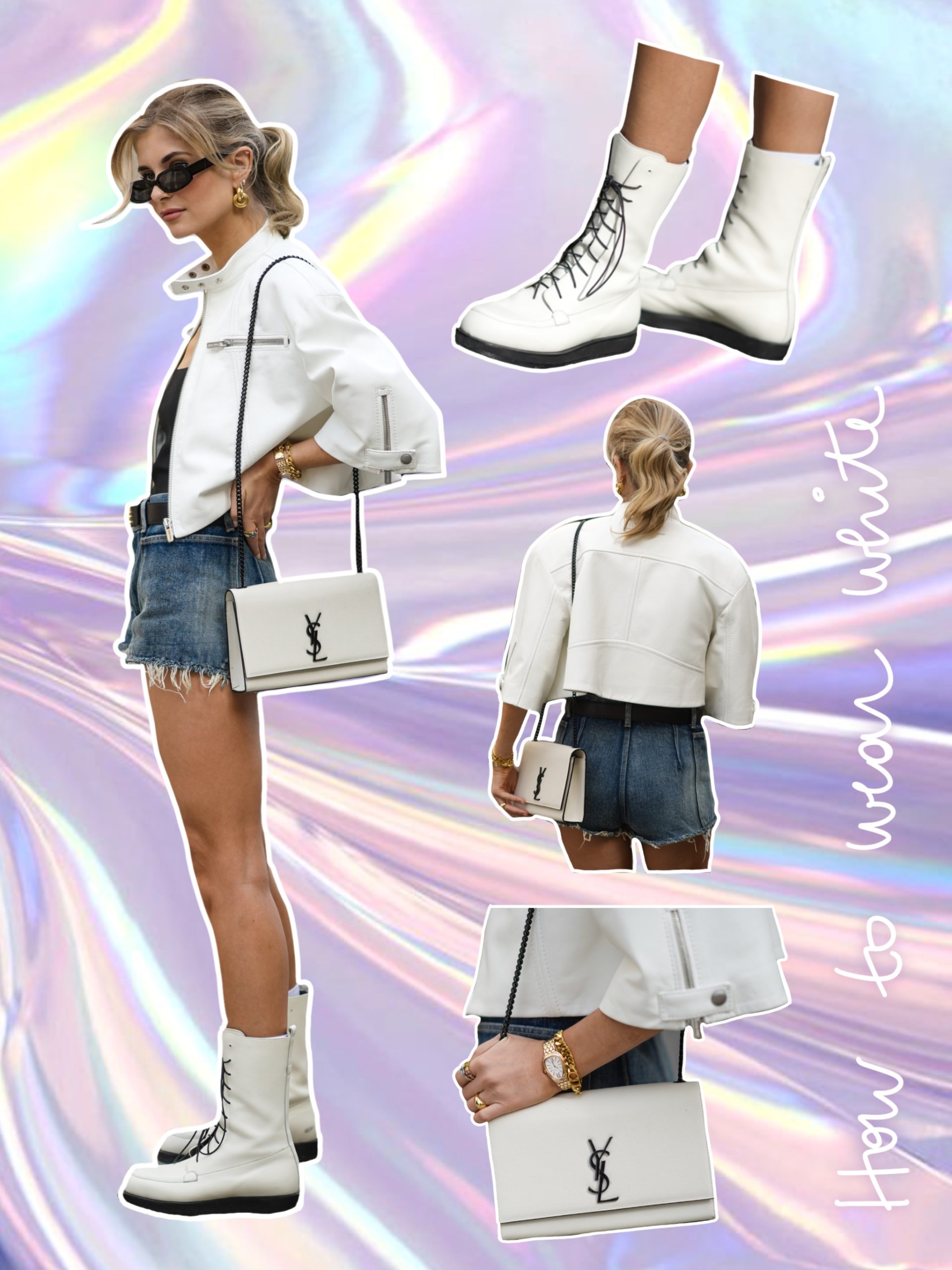 Xenia Adonts wearing Saint Laurent denim shorts, white boots, a white YSL bag and a white Miu Miu leather jacket