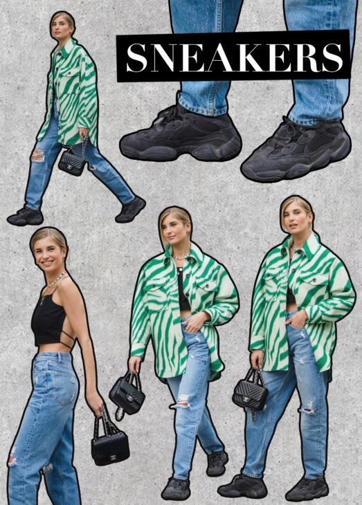 Xenia Adonts wearing Isabel Marant shirt, Boyish jeans, Yeezys shoes, and Chanel bag with Balenciaga accessories
